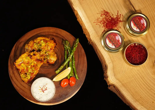 Saffron chicken with coriander dip